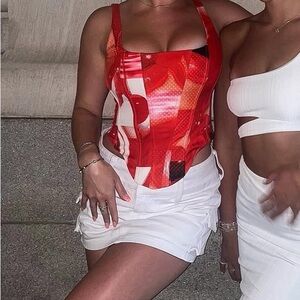 Red and White Patterned Corset Top